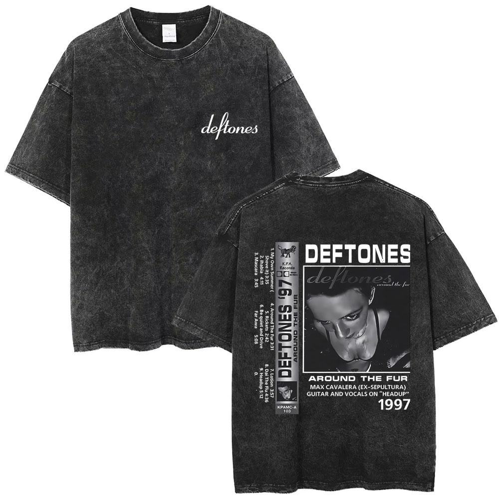 Washed Vintage Rock Band Deftones Cat Graphic Tshirts Men Alternative Heavy Metal Short Sleeve T Shirts Male Retro Streetwear