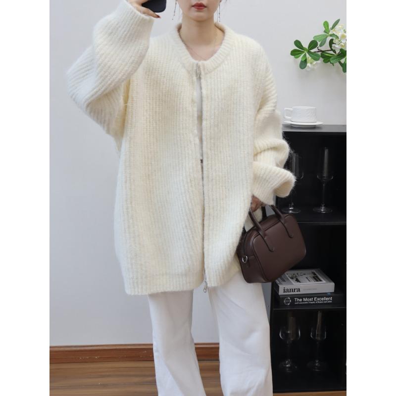 

Вязаный кардиган с молнией средней длины и длинным рукавом, с круглым вырезом, новый осенне-зимний, свободный, в ленивом стиле, женский свитер-жакет one size fits all