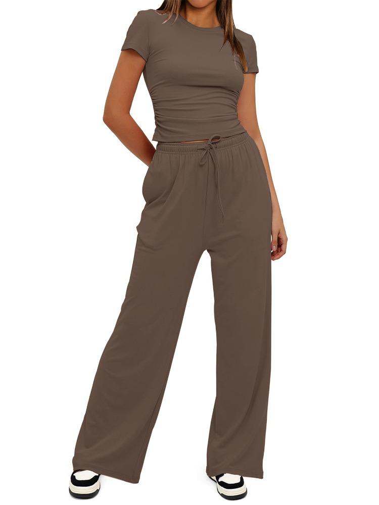 Solid Color Casual Long Sleeve Set Top High Waisted Wide Leg Pants Sportswear