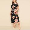 Women's Plus Size Printed Midi Dress - Round Neck, Short Sleeve, Waist-Cinched, European American Style