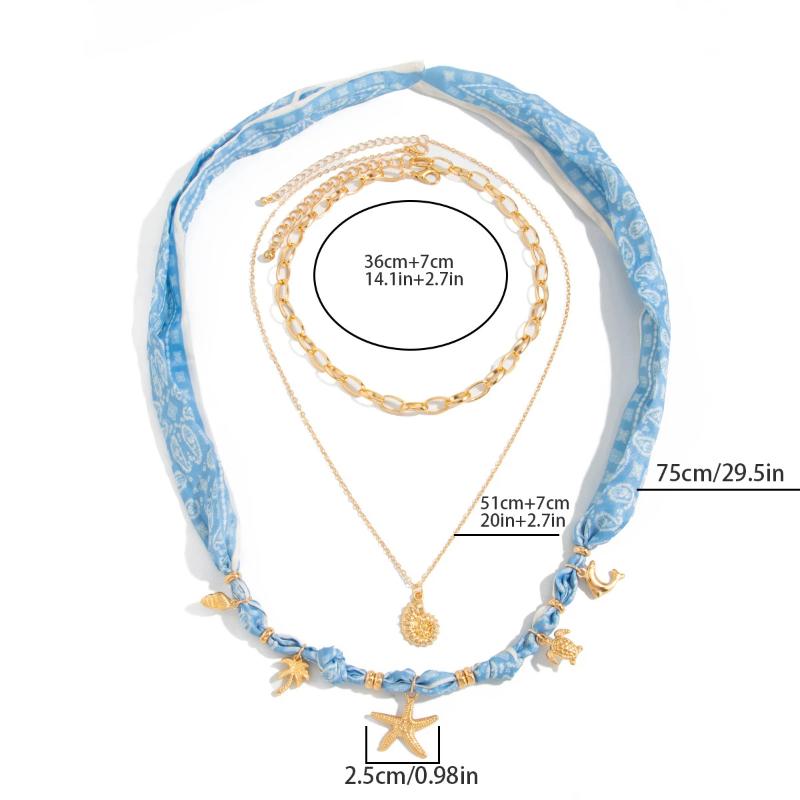 3Pcs/Set Bohemian Printed Fabric Necklace Women Vintage Starfish Conch Pendant Necklace Jewelry