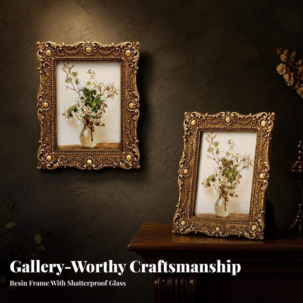 Ornate Picture Frame Tabletop with Glass Gold for Bedroom