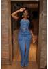 Trendy Sexy Denim Set: Zipper Spaghetti Strap Top & Split Long Skirt with Pockets