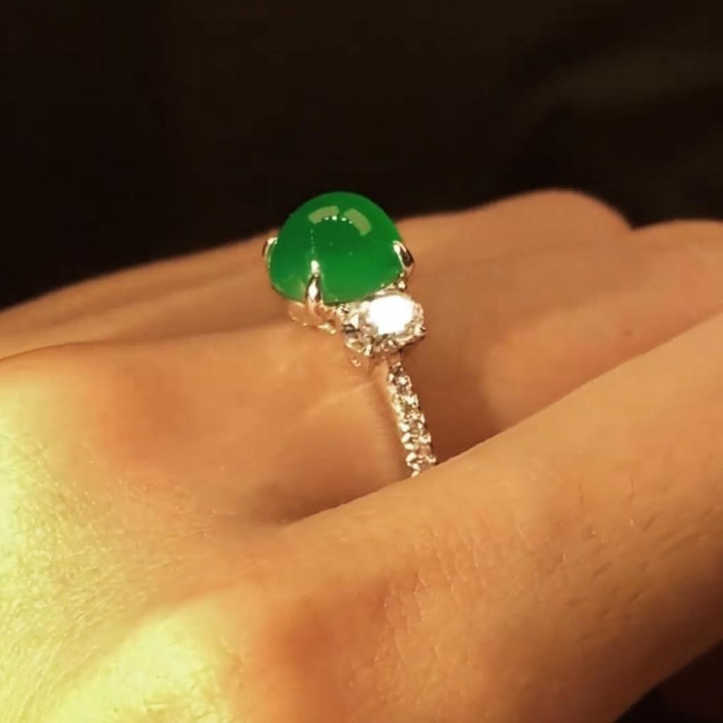 AAA Natural Green Agate Emerald Inlaid with Zircon Green Chalcedony Engagement Ring Created Green Emerald 925 Silver Engagement Wedding Ring Opening