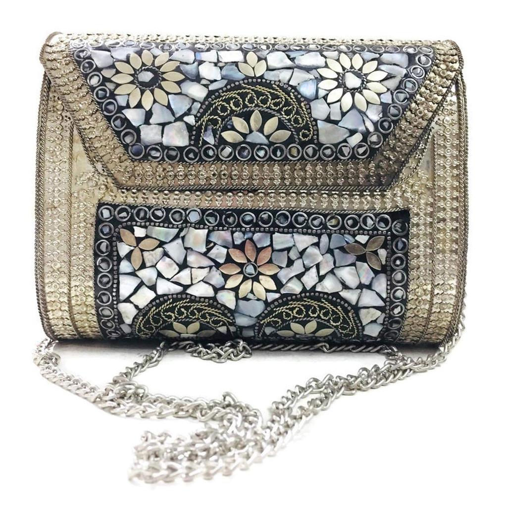 Antike indische Kunst Handgefertigte Steinmosaik Metalltasche Damen/Mädchen Braut Metallclutch Party Umhängetasche