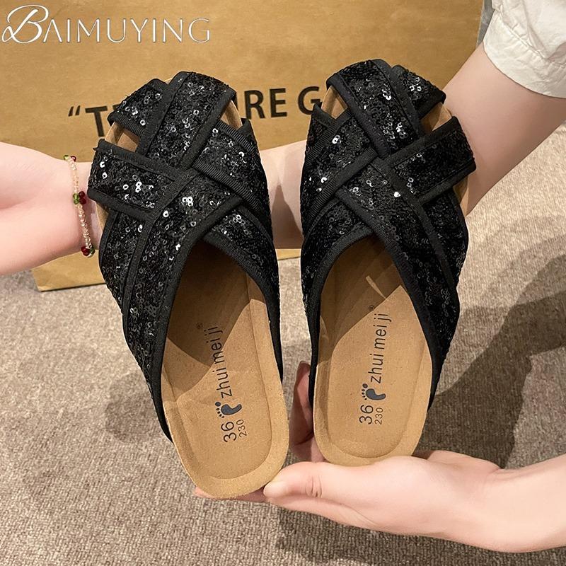 Fashion Bling Weave Mules Shoes Woman Casual Platform Slippers Women Flat Sandals Summer 2025 Trend Shallow Dress Comfort Slides Mujer