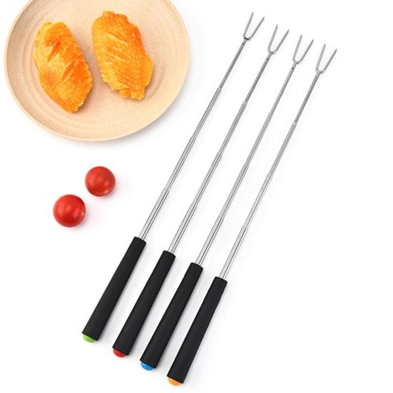 2Pcs Retractable BBQ Fork with V-Shaped Prongs Non-Slip Handle Stainless Steel Grilling Fork Portable Outdoor Cooking Tool for Camping Picnic Party