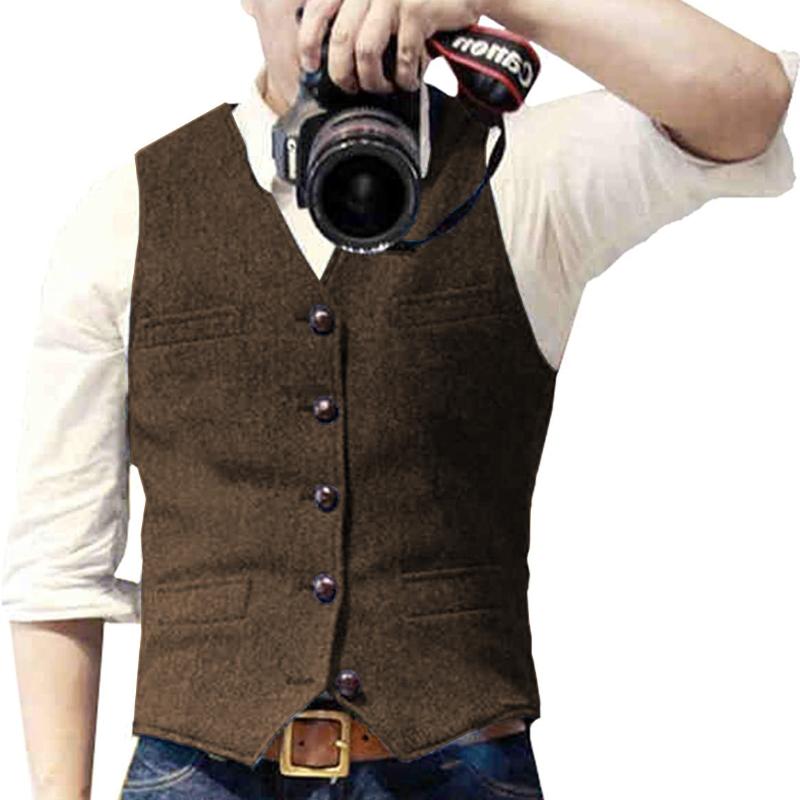 Men's Autumn and Winter V Neck Suits Vest  Herringbone Tweed Slim Fit Waistcoat  Casual Classic Formal Business for Wedding Groomsmen