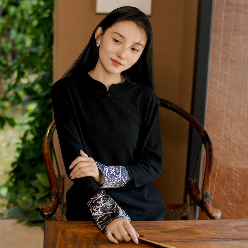 

Футболки женские в китайском стиле Johnature, с длинным рукавом и лоскутным узором, осенние винтажные теплые мягкие женские футболки XL чёрный