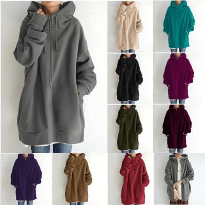 Felpe monocromatiche a manica lunga larghe, Top lungo coreano, Felpa personalizzata street con cerniera e cappuccio, Abbigliamento da donna
