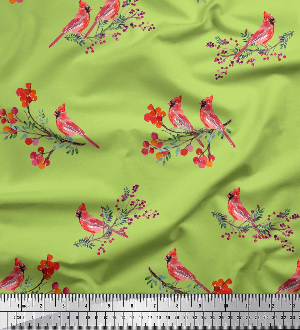 

Тканина Soimoi Purple Японський креп-сатин Червоні ягоди та принти на тканині з птахами Бюльбюль на метр 42 дюйма 42 Inch Wide - Poly Crepe зелений