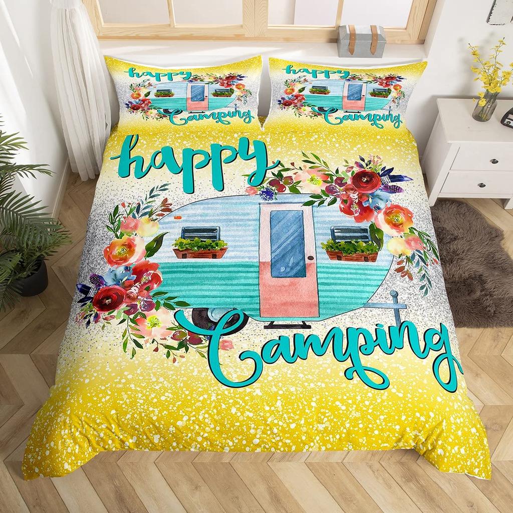 Rustikales Bauernhaus Camper Bettbezug King für Junge Mädchen Blume Happy Camping Bettwäscheset Weltraum Stern Glitzer Galaxie Bettdeckenbezug