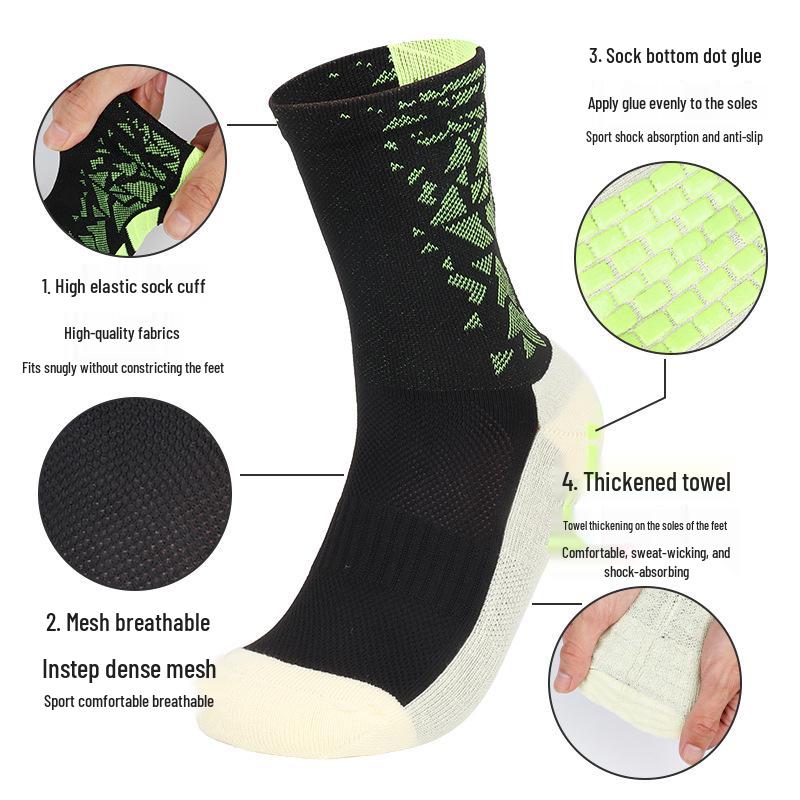 Colorful Shock-Absorbing Non-Slip Mid-Calf Football Socks with Thick Terry Bottom, Breathable Design for Adults
