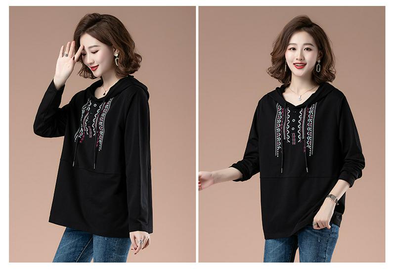 Women's Ethnic Style Cotton Hooded Sweatshirt - 2025 Spring/Autumn, Thin, Plus Size, Casual for Middle-Aged Mothers