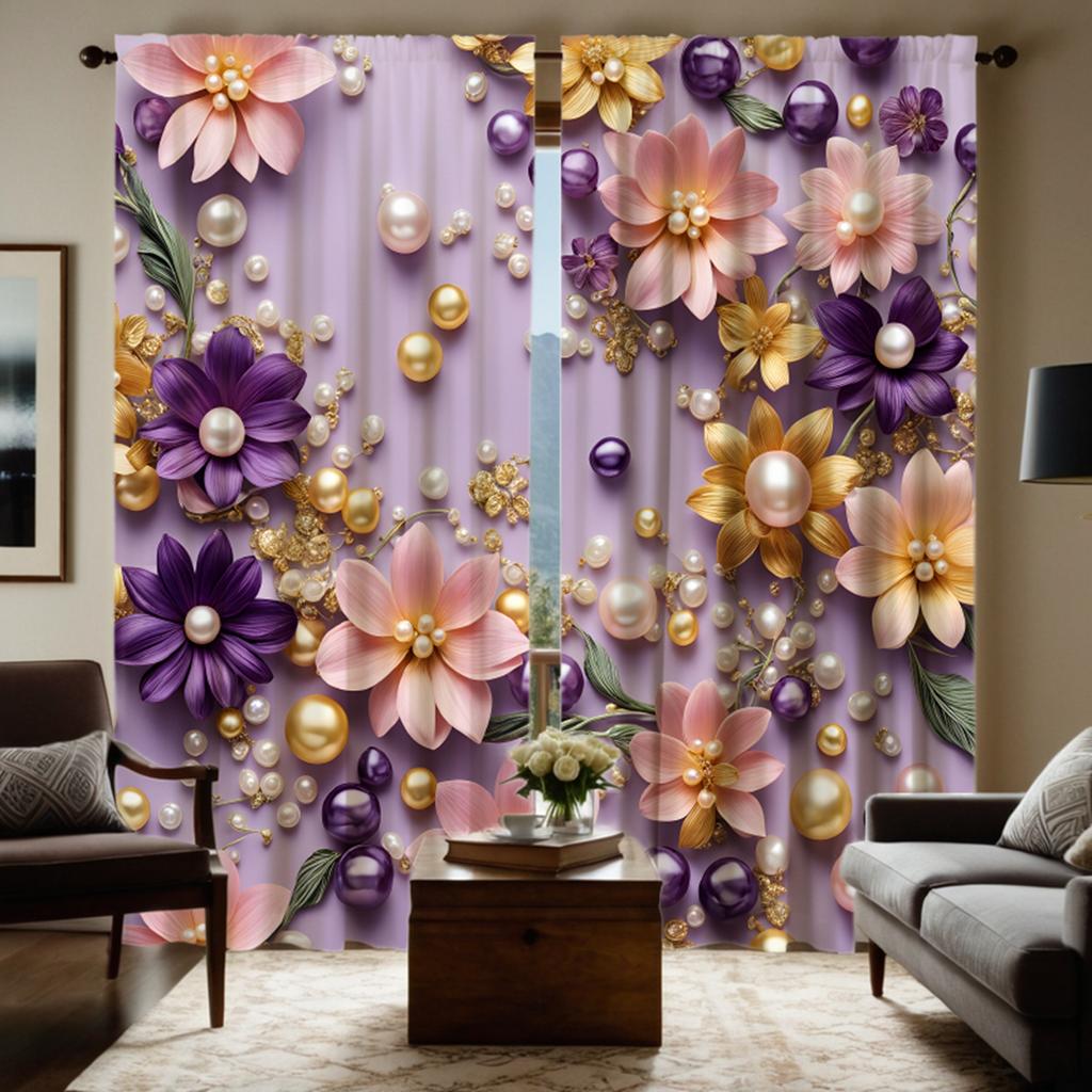 2pcs HD Stereo Pearl Flower Decoration Curtain Pink Tie Digital Printed Curtain Home Decoration Style Decoration Living Room
