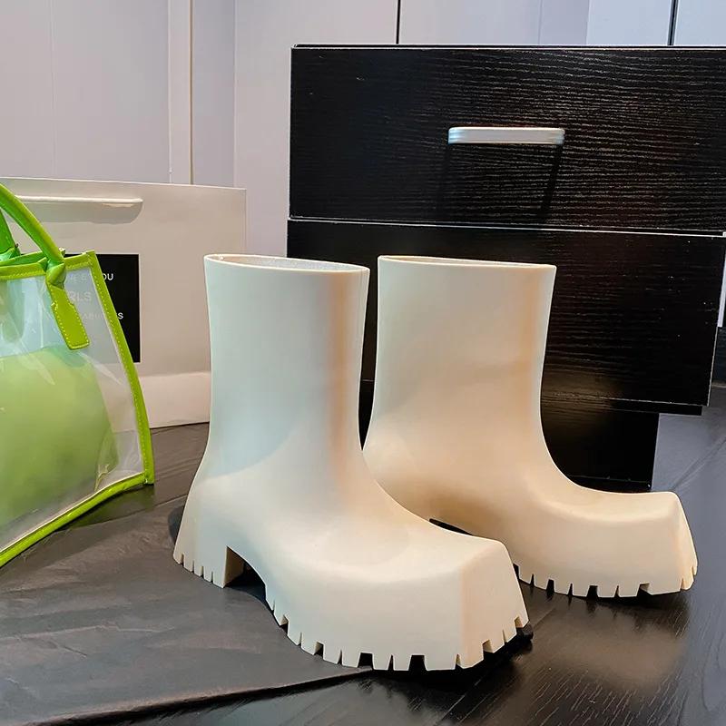 Fashion Bottes de Pluie de Luxe en Cuir Souple pour Femme, Bottines de Styliste, Imperméables, Confortables, à Plateforme