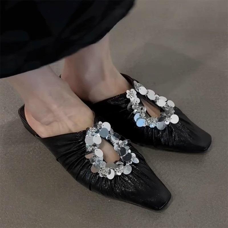 Pleated Cutout Sequin Slippers Baotou Summer Outside French Square Toe Women's Half Slippers