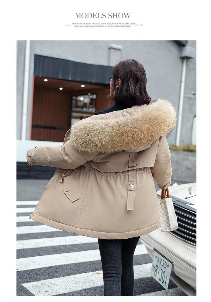 Women's Korean Style Oversized Hooded Parka with Fur Collar – Velvet Thickened for Autumn and Winter.