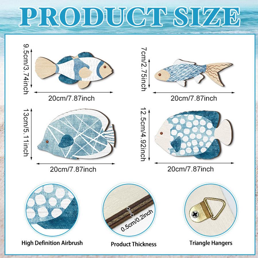 4pcs Nordic Bathroom Wall Decoration Set Wooden Hanging Coastal Wooden Wall Decoration Navigation Decoration Hanging Sea Fish