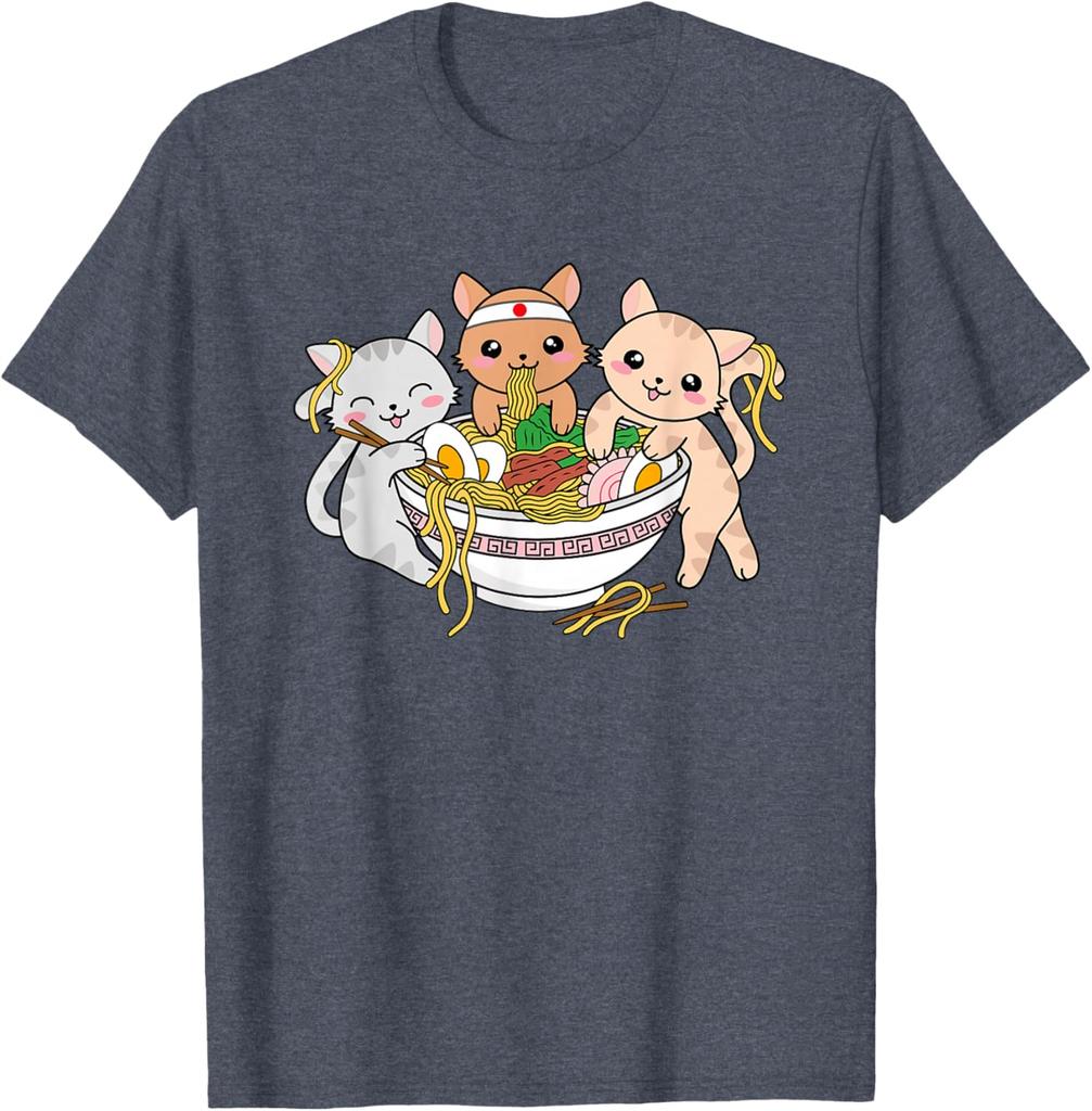 Cute Kawaii Cats Eating Ramen Japanese Noodle Graphic Tee Soft Cotton T-Shirt