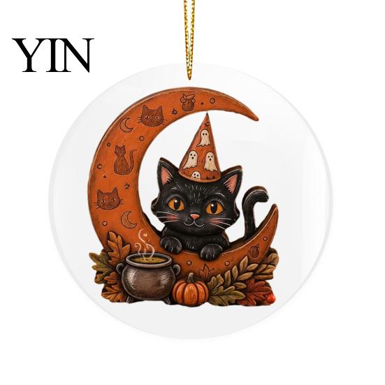 Festive Home Decor Halloween Ghost Hanging Ornament, Double Side 2D Acrylic Black Cat Bat Skull Spooky Room Pendant for Door Window, Party Decoration