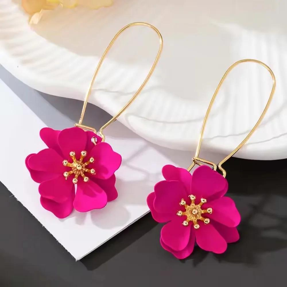 Vintage Red Enamel Flower Drop Earrings For Women Korean Sweet Long Petal Temperament Earrings Accessories Jewelry
