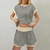 Women's Fashion Casual Round Neck Loose Striped Elastic Waist Shorts Set