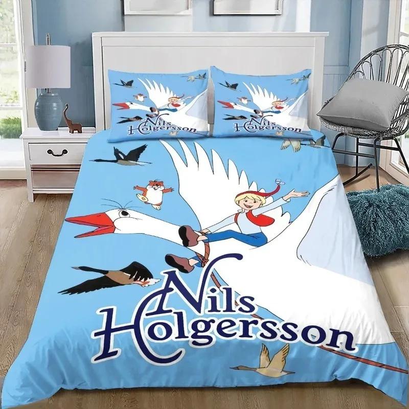Housse de couette taie d'oreiller parure de lit imprimé Nils Holgersson taille simple/double/queen grande taille cadeau style maison ensemble 2/3 pièces 100x135cm (2pcs)