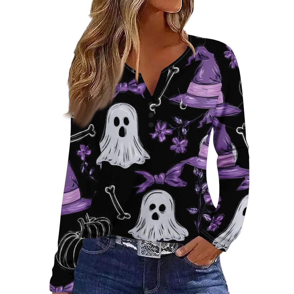 Women's Halloween Print Long Sleeve V-Neck T-Shirt with Decorative Buttons Casual Pullover Top