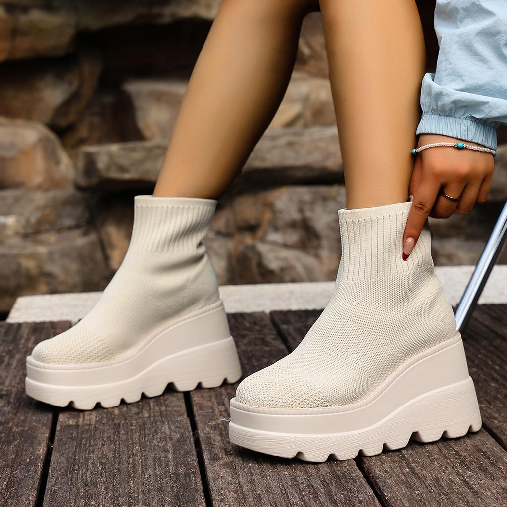 European and American Martin boots women's autumn new flying woven wedge heel short boots large size thick-soled elastic thin boots