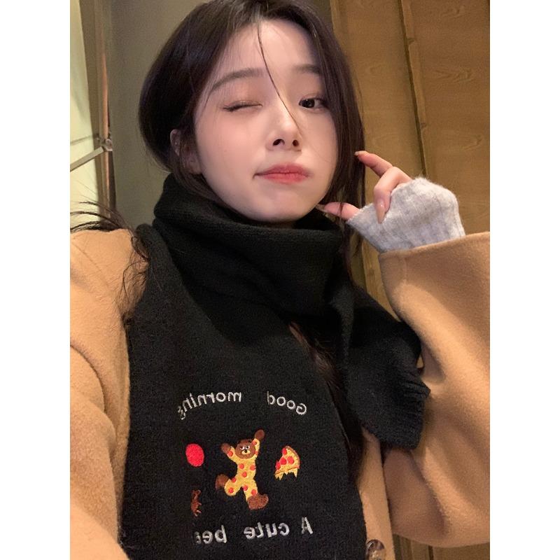 Cute Bear Embroidered Scarf Winter New Style Female Student Style Warm and Versatile Couple Style Windproof Scarf