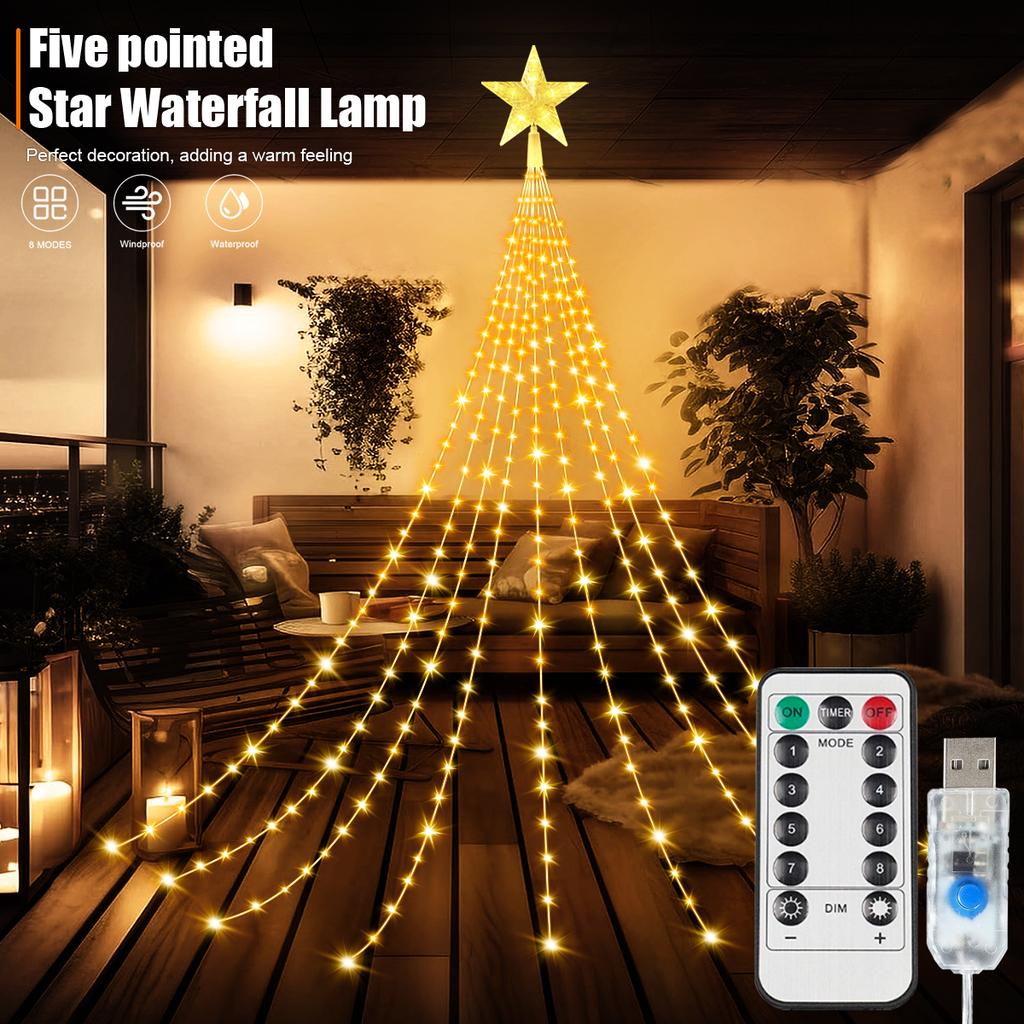 9.8Ft Waterfall String Lights With  Star Topper, 8Modes Indoor Outdoor Fairy Lights For Yard Party Home Garden Christmas Tree