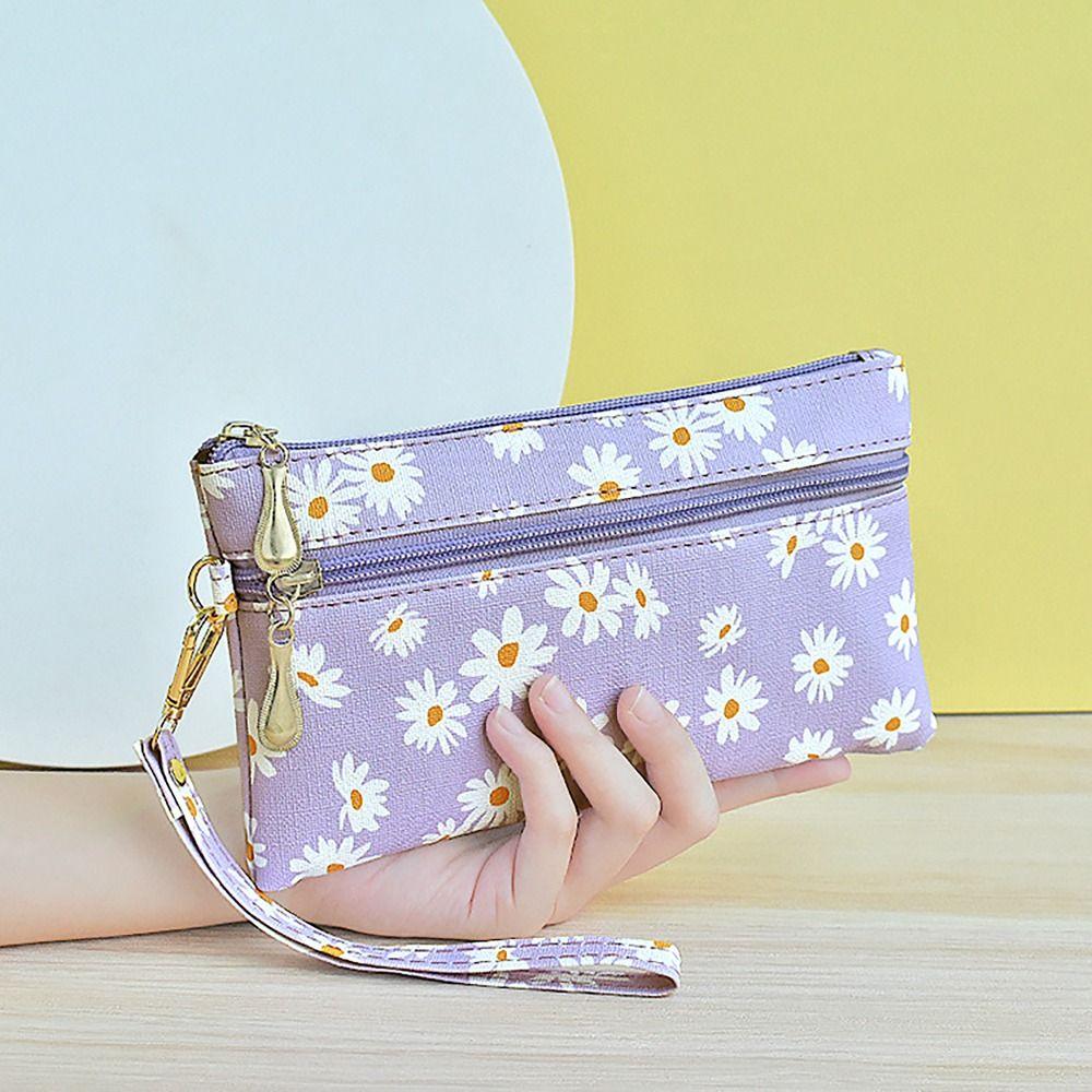 PU Leather Money Coin Purse Wear-resistant with wrist strap Credit Card Holoder Daisy Printed Zipper Phone Bag for Women Maiden