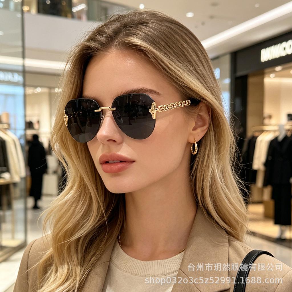 New sunglasses women's frameless chain large frame thin sunglasses European and American ins style fashion glasses