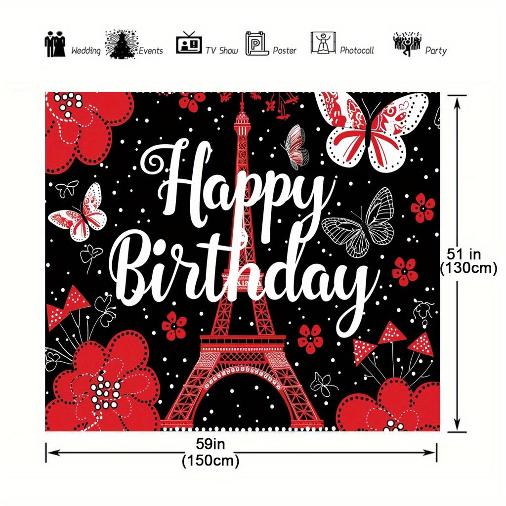 Ladybug Happy Birthday Photography Background, Red and Black Glitter Eiffel Tower Background,party Decoration Banner Photo Booth
