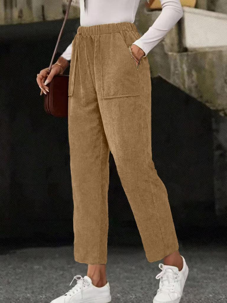 New Fall Women's Clothing Solid Elastic Waist Corduroy Pants Women Straight Leg Casual