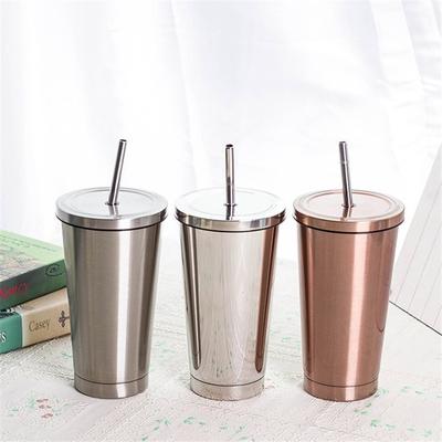 500ml Doppelwandige 304 Edelstahl Kaffeeflasche mit Strohhalm Reise Saftbecher Wasser Tee Milch Becher Küchengeschirr