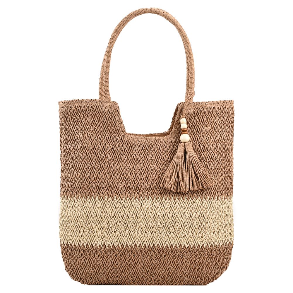 

Straw Woven Bag Contrast Color with Tassels Summer Weaving Underarm Bag Large-Capacity Fashion Casual Simple for Seaside Holiday