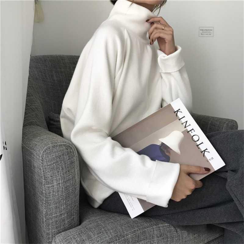 Women's Half-High Neck Fleece T-Shirt - Brushed, Warm, Loose Fit for Autumn/Winter.