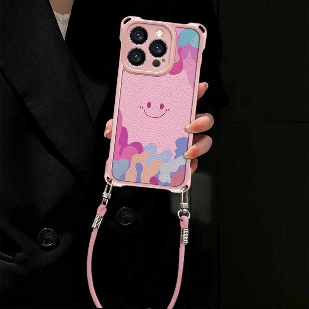Smiley Face Is Suitable for Apple 13Pro Mobile Phone Case 17 Makeup Bracket 16 Cute 15p Leather Pattern 14 Lanyard Anti-drop Case