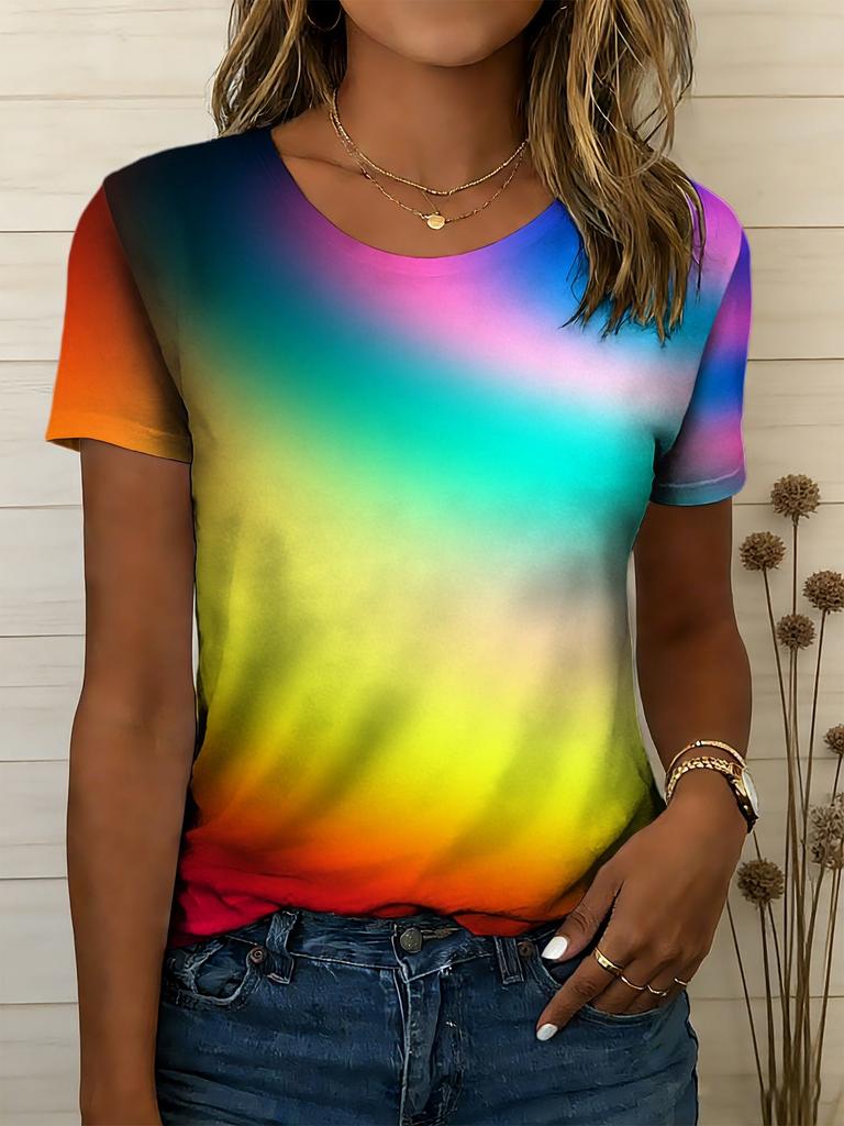 Women's short-sleeved T-shirt with rainbow gradient design, lightweight and breathable