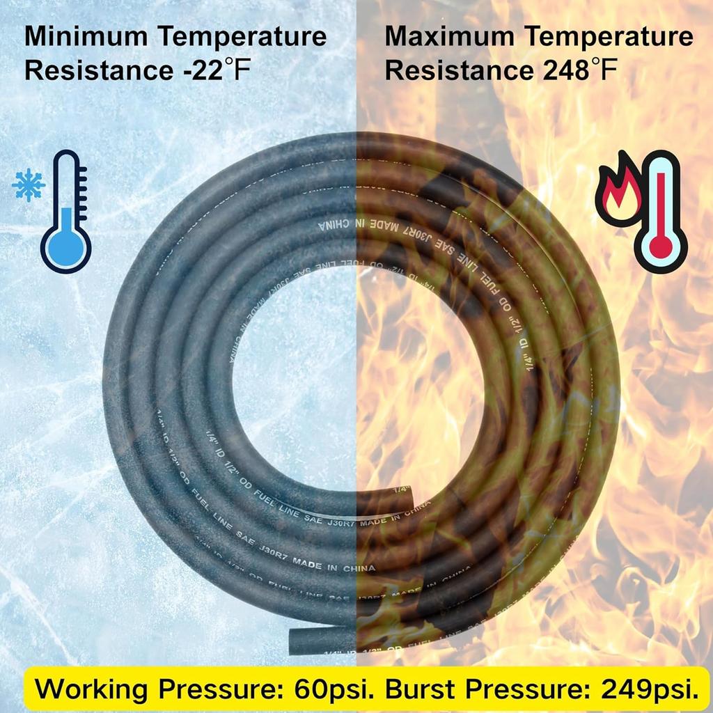 1/4" ID Fuel Hose Line Braided NBR Rubber Tubing 8 Feet For Automotives Generator Lawn Mower With 10 Clamps (6.4Mm ID)