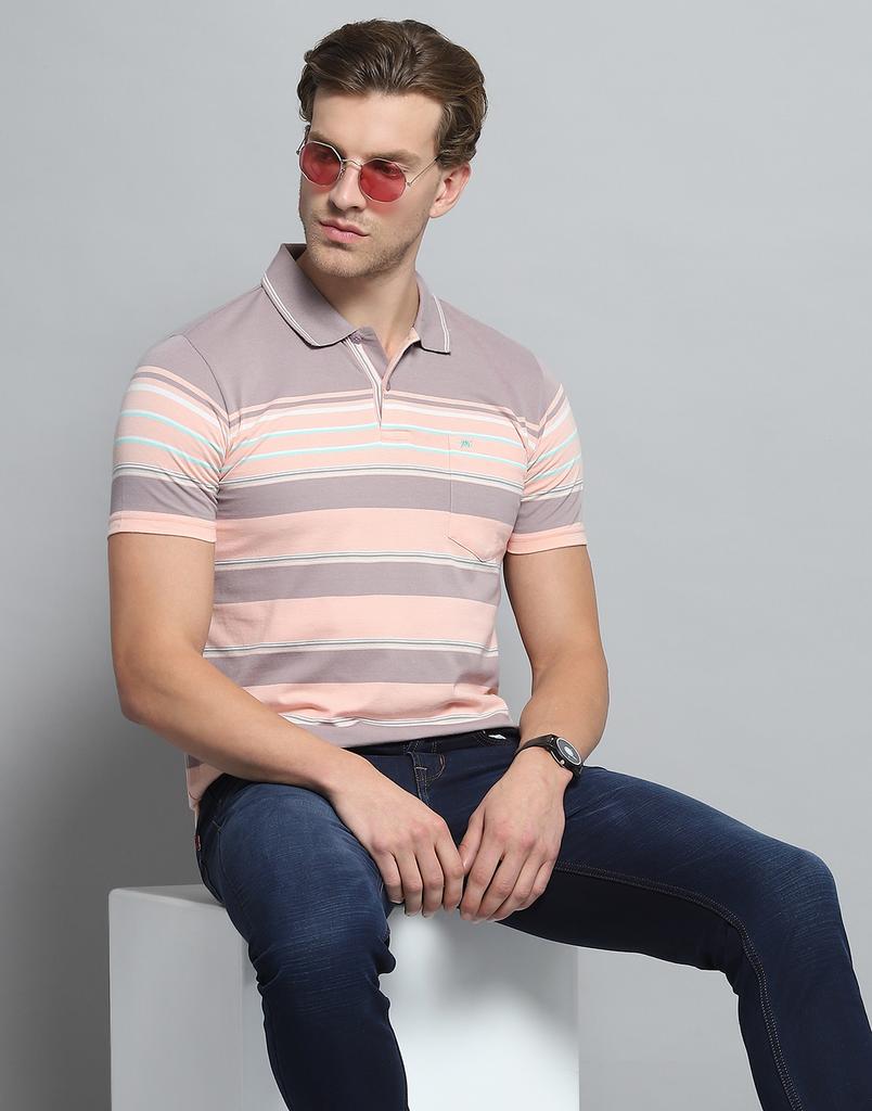MONTE CARLO Mens Striped Peach Collar Neck Half Sleeve T-Shirt