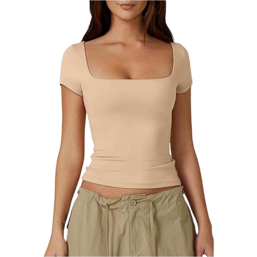 Women's Summer Square Neck Sexy Slim Fit Short Sleeve T-Shirt