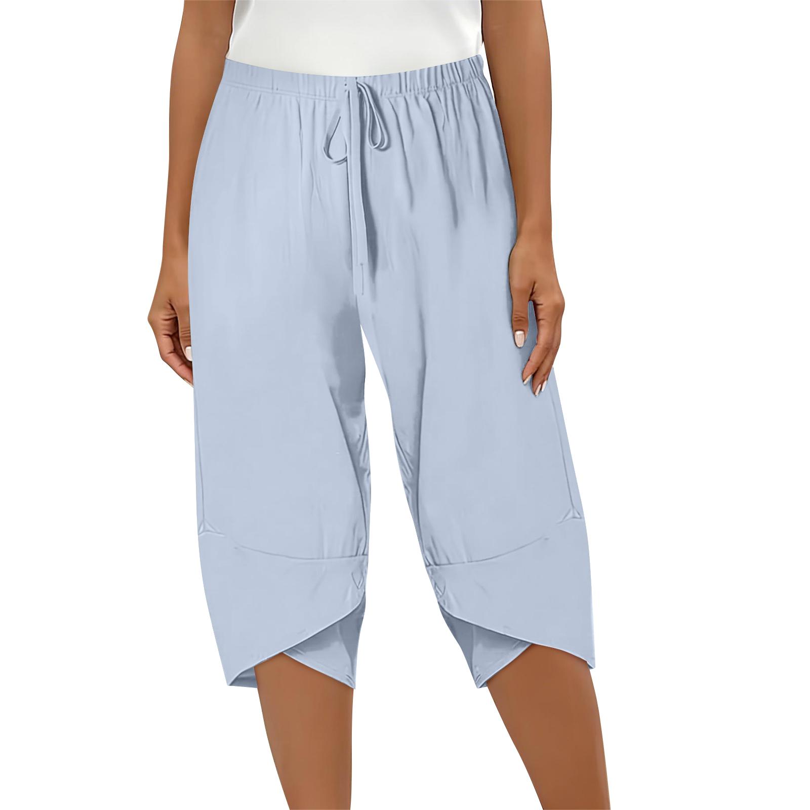 

Women Elastic High Waist 3/4 Pant Casual Fit Wide Capris Leg Pants Trousers With Pockets XL небо синє кольору