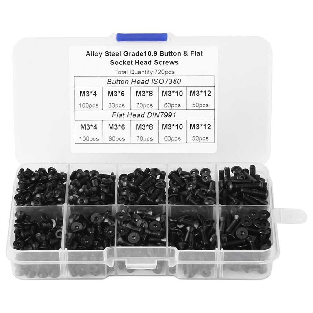 720pcs M3*4 6 8 10 12 Black Alloy Steel Flat Head Hex Socket Screws with Plastic Box