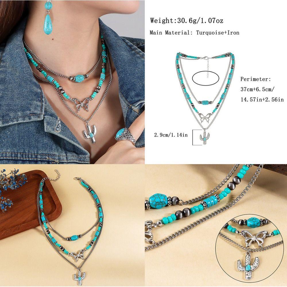 Cactus Multilayer Turquoise Necklace Bead Bohemian Style Clavicle Chain Vacation Beach Choker  Gift