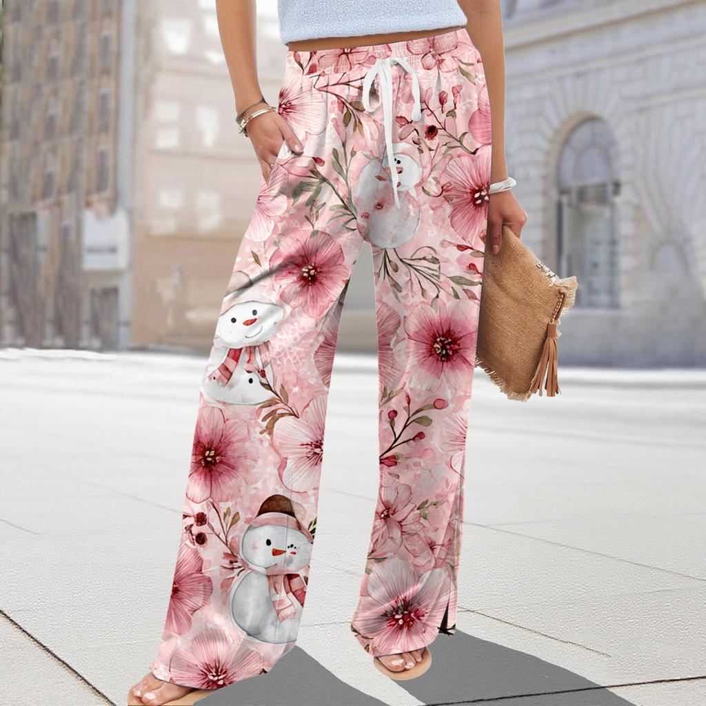 Ladies' Loose And Casual Christmas Printed Wide Leg Pants With Elastic Waistband Drawstring And Pocket Pants