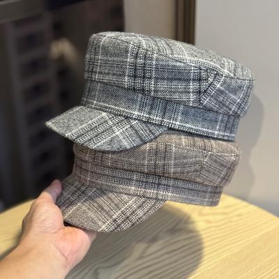 Chapeau Octogonal Simple Style Coréen pour Femmes  Chapeau à Visière Haut Plat Tendance et Polyvalent Printemps et Automne Nouveau Rétro Pied-de-Poule Plaid Chapeau de Peintre