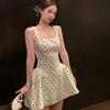 Design Sense Polka Dot Square Neck Suspender Splicing Dress Women's Summer Small Man Waist Skinny Fluffy Short Skirt